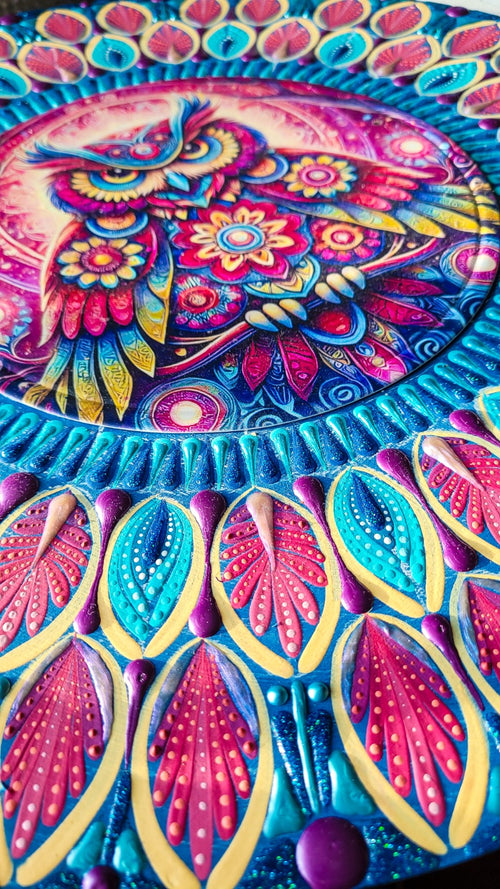 AURORA mixed media mandala 40 cm na leseni plošči